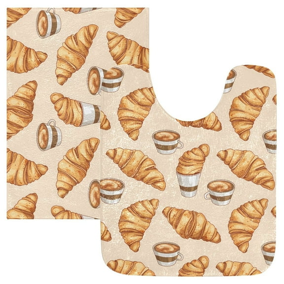 Toilet Rug Set Non-Slip Bathroom Rugs Soft Plush Machine Washable Contour Bath Mat Croissant and Coffee 24x20/24x16