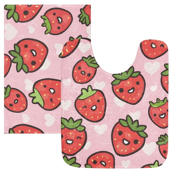 Toilet Rug Set Non-Slip Bathroom Rugs Soft Plush Machine Washable Contour Bath Mat Cute Cartoon Strawberry 24x20/24x16