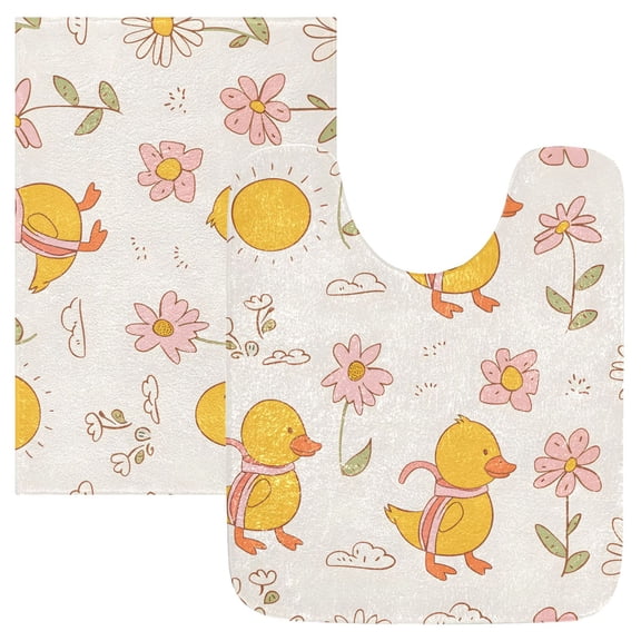 Toilet Rug Set Non-Slip Bathroom Rugs Soft Plush Machine Washable Contour Bath Mat Cute Duck Flower Sun 24x20/24x16
