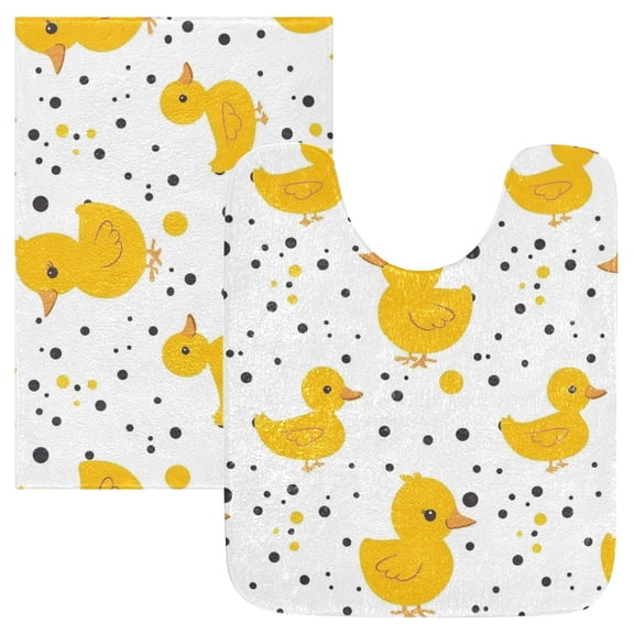 Toilet Rug Set Non-Slip Bathroom Rugs Soft Plush Machine Washable Contour Bath Mat Cute Duck with Polka Dot 24x20/24x16