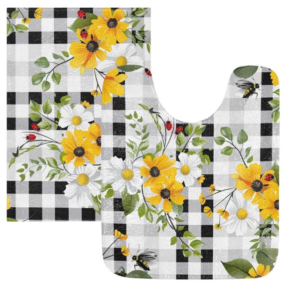 Toilet Rug Set Non-Slip Bathroom Rugs Soft Plush Machine Washable Contour Bath Mat Daisy with Insects 24x20/24x16