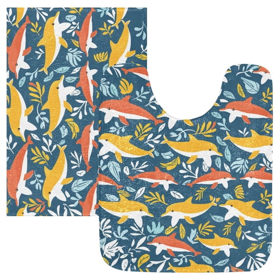 Toilet Rug Set Non-Slip Bathroom Rugs Soft Plush Machine Washable Contour Bath Mat Dolphin with Seaweed 24x20/24x16