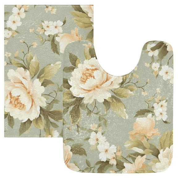 Toilet Rug Set Non-Slip Bathroom Rugs Soft Plush Machine Washable Contour Bath Mat Elegance Peony Flower 24x20/24x16