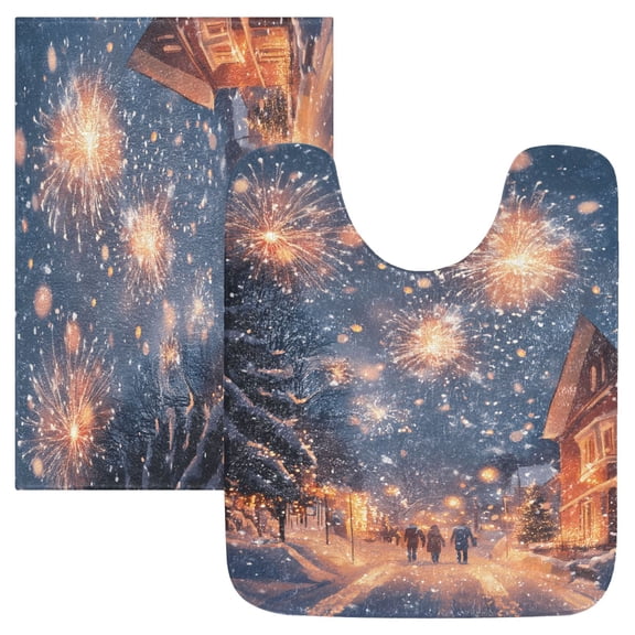 Toilet Rug Set Non-Slip Bathroom Rugs Soft Plush Machine Washable Contour Bath Mat Fireworks in Sky 24x20/24x16