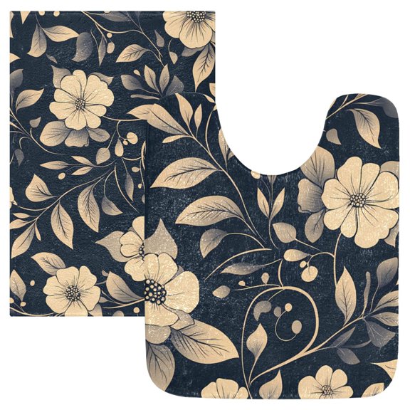 Toilet Rug Set Non-Slip Bathroom Rugs Soft Plush Machine Washable Contour Bath Mat Flash Flower and Leaf 24x20/24x16