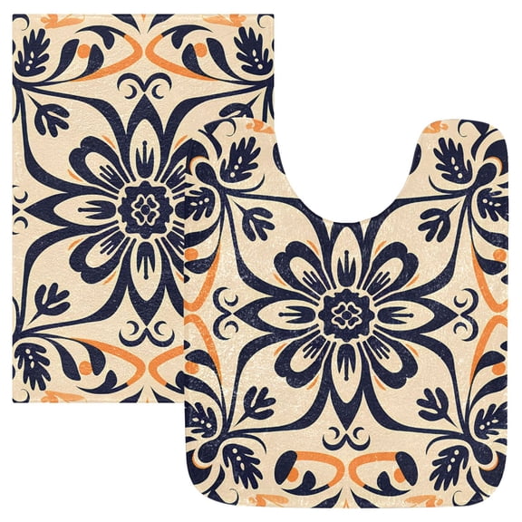 Toilet Rug Set Non-Slip Bathroom Rugs Soft Plush Machine Washable Contour Bath Mat Floral Mandala 24x20/24x16