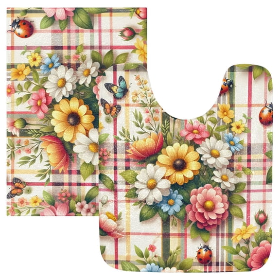 Toilet Rug Set Non-Slip Bathroom Rugs Soft Plush Machine Washable Contour Bath Mat Flowers with Lady Bugs 24x20/24x16