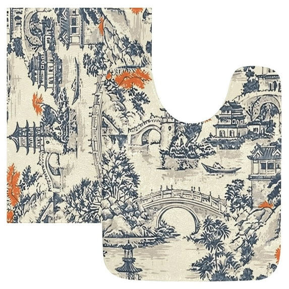 Toilet Rug Set Non-Slip Bathroom Rugs Soft Plush Machine Washable Contour Bath Mat Garden with Pagoda and Bridge 24x20/24x16