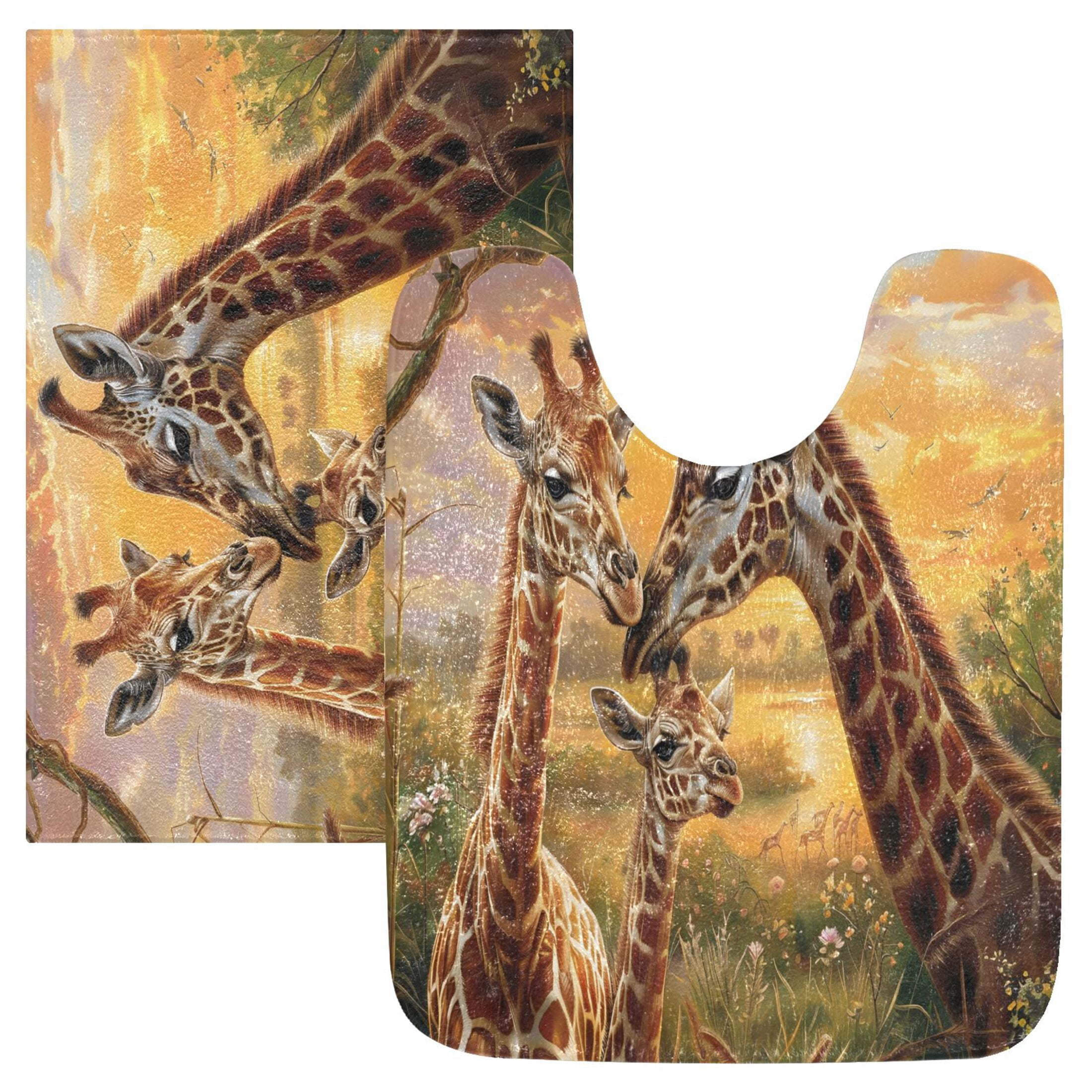 Toilet Rug Set Non-Slip Bathroom Rugs Soft Plush Machine Washable Contour Bath Mat Giraffes Family and Sunset 24x20/24x16