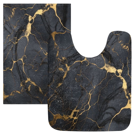 Toilet Rug Set Non-Slip Bathroom Rugs Soft Plush Machine Washable Contour Bath Mat Glossy Black Gold Marble 24x20/24x16