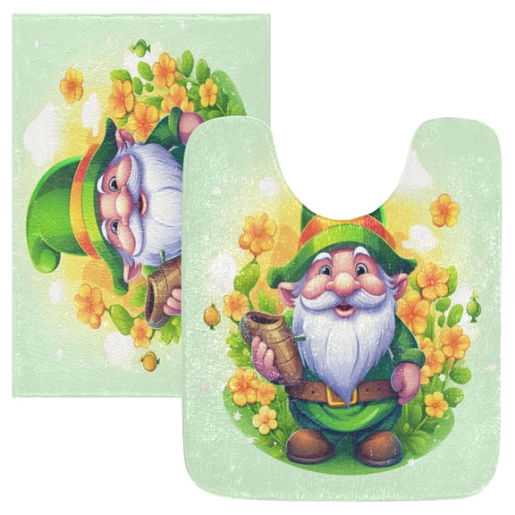 Toilet Rug Set Non-Slip Bathroom Rugs Soft Plush Machine Washable Contour Bath Mat Green Clothes Dwarf and Flower 24x20/24x16