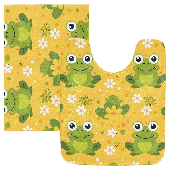 Toilet Rug Set Non-Slip Bathroom Rugs Soft Plush Machine Washable Contour Bath Mat Green Frogs and Flowers 24x20/24x16