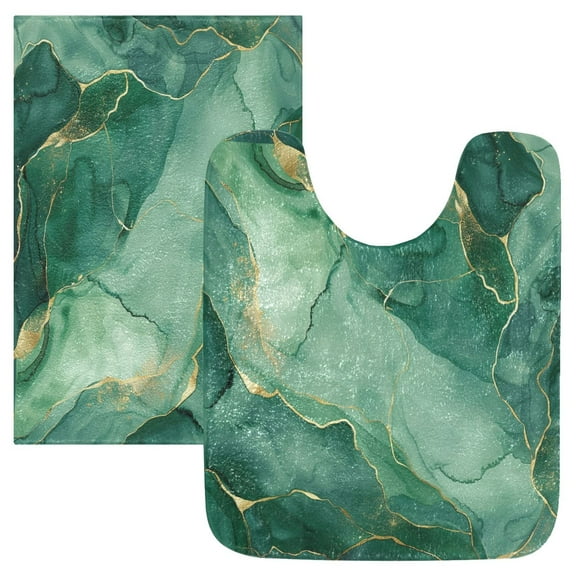 Toilet Rug Set Non-Slip Bathroom Rugs Soft Plush Machine Washable Contour Bath Mat Green Gold Marble 24x20/24x16