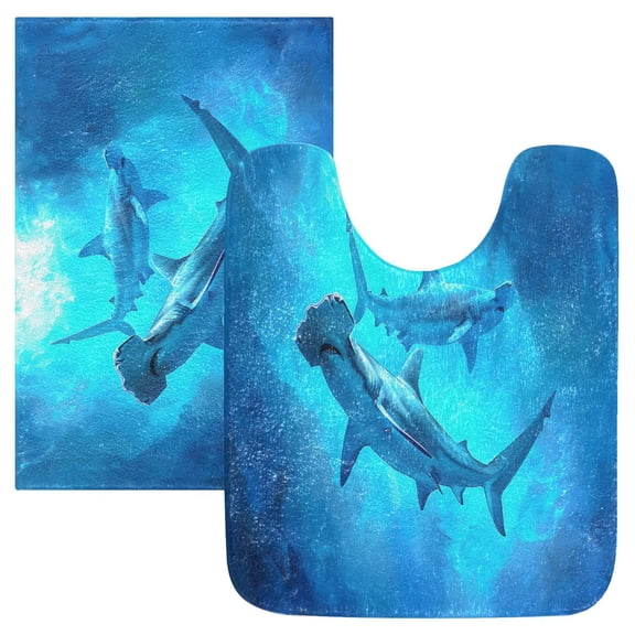 Toilet Rug Set Non-Slip Bathroom Rugs Soft Plush Machine Washable Contour Bath Mat Hammerhead Sharks Swimming 24x20/24x16