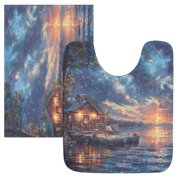Toilet Rug Set Non-Slip Bathroom Rugs Soft Plush Machine Washable Contour Bath Mat Lakehouse in Sunset 24x20/24x16
