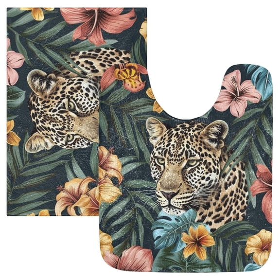 Toilet Rug Set Non-Slip Bathroom Rugs Soft Plush Machine Washable Contour Bath Mat Leopard in Leaves Flower 24x20/24x16