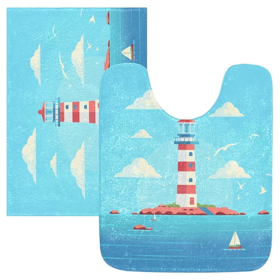 Toilet Rug Set Non-Slip Bathroom Rugs Soft Plush Machine Washable Contour Bath Mat Lighthouse on Island 24x20/24x16