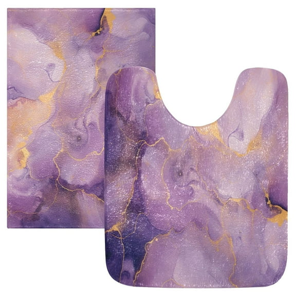 Toilet Rug Set Non-Slip Bathroom Rugs Soft Plush Machine Washable Contour Bath Mat Lilac Purple Gold Marble 24x20/24x16