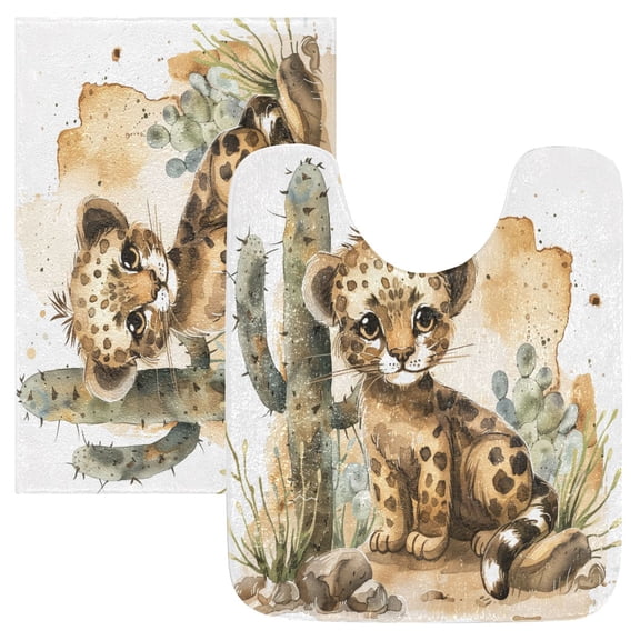 Toilet Rug Set Non-Slip Bathroom Rugs Soft Plush Machine Washable Contour Bath Mat Little Leopard with Cactus 24x20/24x16