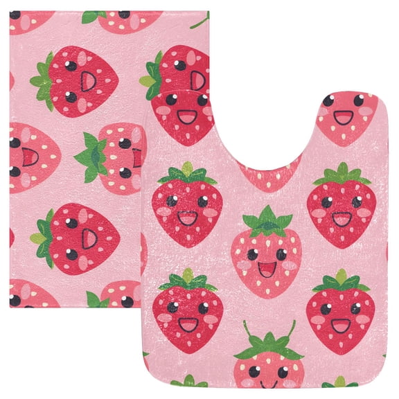 Toilet Rug Set Non-Slip Bathroom Rugs Soft Plush Machine Washable Contour Bath Mat Lovely Strawberry 24x20/24x16