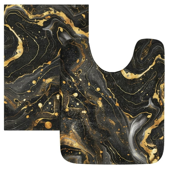 Toilet Rug Set Non-Slip Bathroom Rugs Soft Plush Machine Washable Contour Bath Mat Luxury Black Gold Marble 24x20/24x16