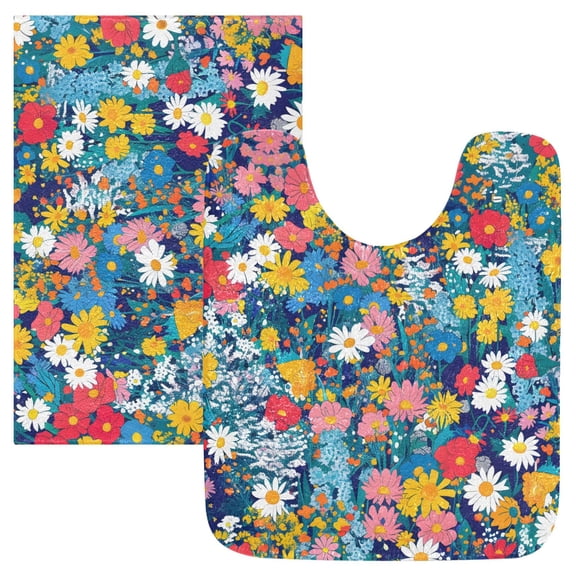 Toilet Rug Set Non-Slip Bathroom Rugs Soft Plush Machine Washable Contour Bath Mat Midsummer Meadows Flower 24x20/24x16