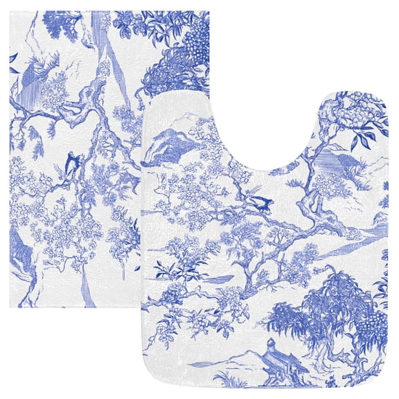 Toilet Rug Set Non-Slip Bathroom Rugs Soft Plush Machine Washable Contour Bath Mat Mountains Trees Flowers Birds 24x20/24x16