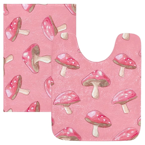 Toilet Rug Set Non-Slip Bathroom Rugs Soft Plush Machine Washable Contour Bath Mat Mushroom 24x20/24x16
