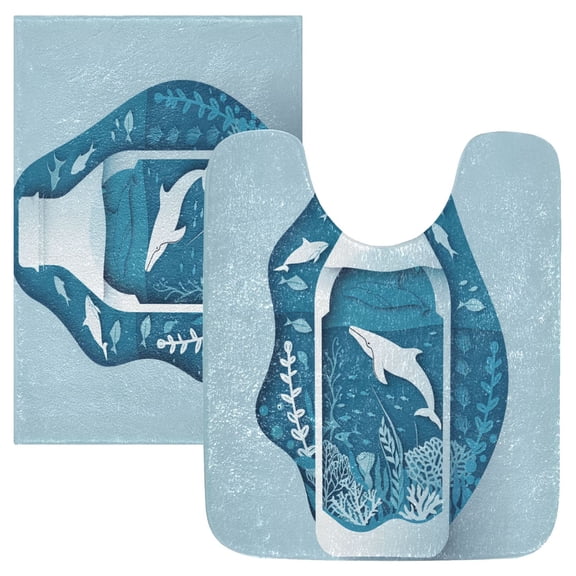 Toilet Rug Set Non-Slip Bathroom Rugs Soft Plush Machine Washable Contour Bath Mat Ocean Scene in Bottle 24x20/24x16