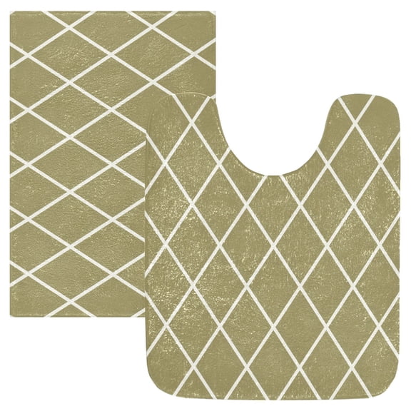 Toilet Rug Set Non-Slip Bathroom Rugs Soft Plush Machine Washable Contour Bath Mat Olive Brown Block 24x20/24x16
