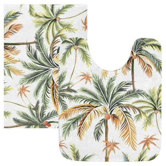 Toilet Rug Set Non-Slip Bathroom Rugs Soft Plush Machine Washable Contour Bath Mat Palm Tree Leaf 24x20/24x16
