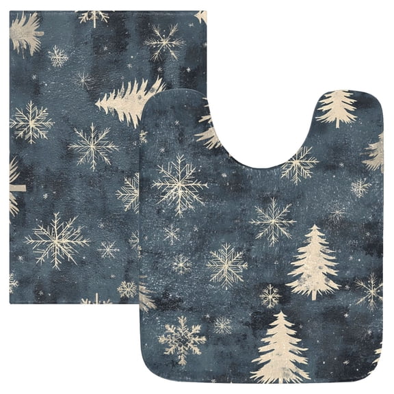 Toilet Rug Set Non-Slip Bathroom Rugs Soft Plush Machine Washable Contour Bath Mat Pine Tree and Snow 24x20/24x16