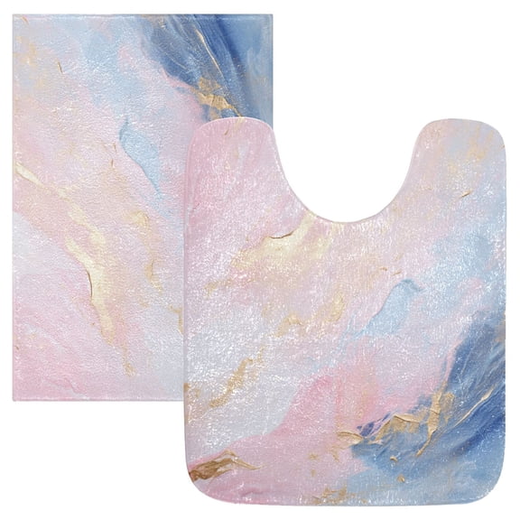 Toilet Rug Set Non-Slip Bathroom Rugs Soft Plush Machine Washable Contour Bath Mat Pink Gold Blue Marble 24x20/24x16