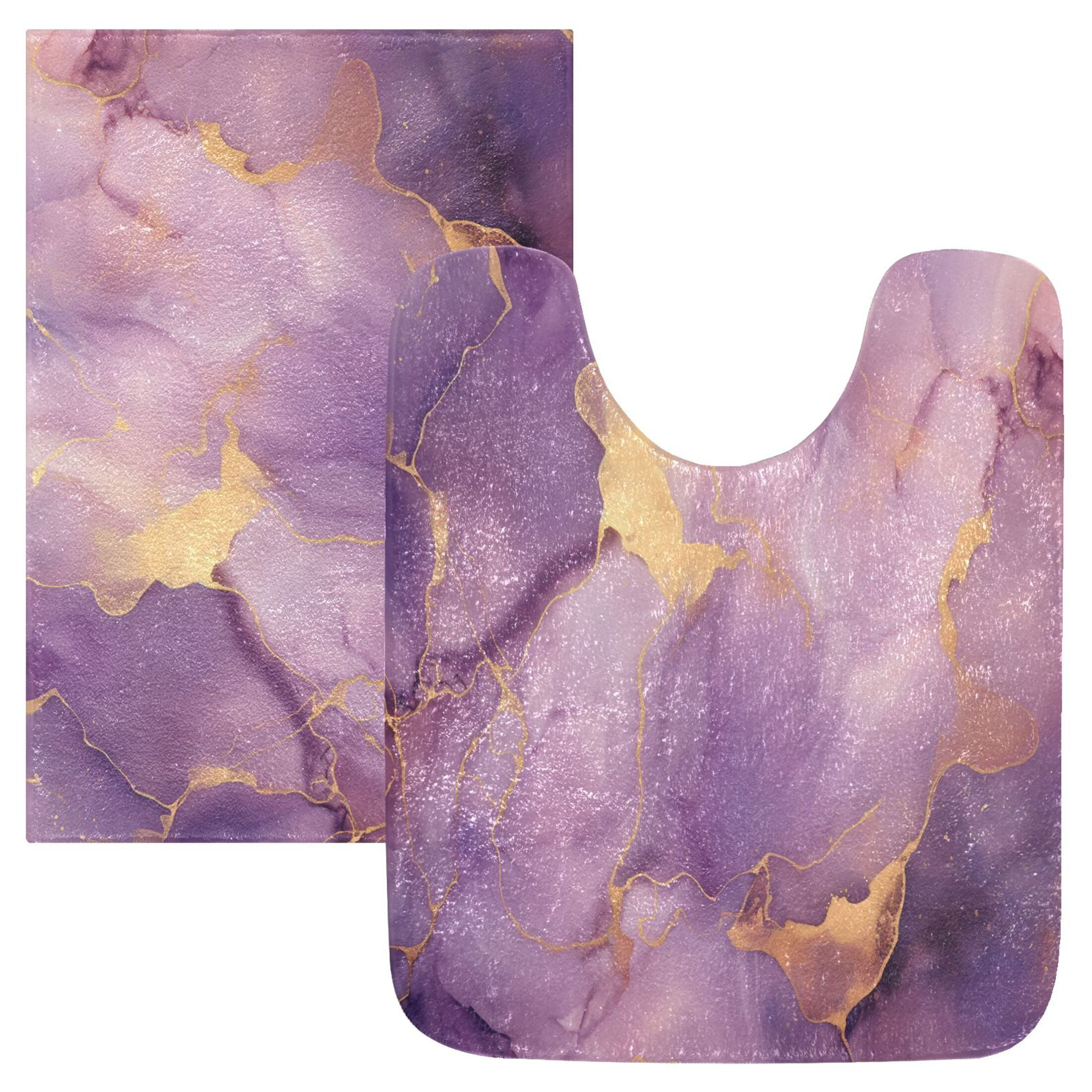 Toilet Rug Set Non-Slip Bathroom Rugs Soft Plush Machine Washable Contour Bath Mat Purple Lilac Marble 24x20/24x16