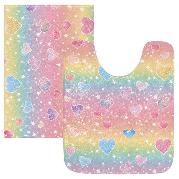 Toilet Rug Set Non-Slip Bathroom Rugs Soft Plush Machine Washable Contour Bath Mat Rainbow Hearts 24x20/24x16