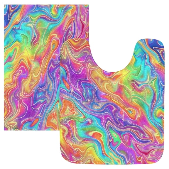 Toilet Rug Set Non-Slip Bathroom Rugs Soft Plush Machine Washable Contour Bath Mat Rainbow Tie-dye 24x20/24x16