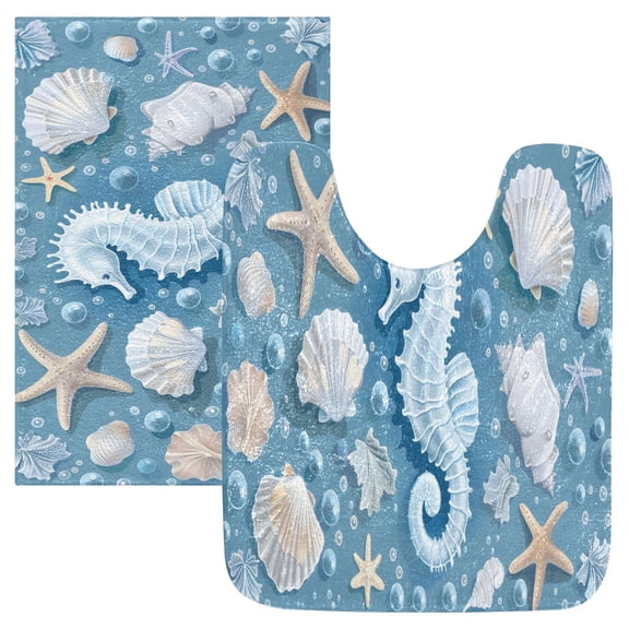 Toilet Rug Set Non-Slip Bathroom Rugs Soft Plush Machine Washable Contour Bath Mat Seahorse Shell Starfish 24x20/24x16