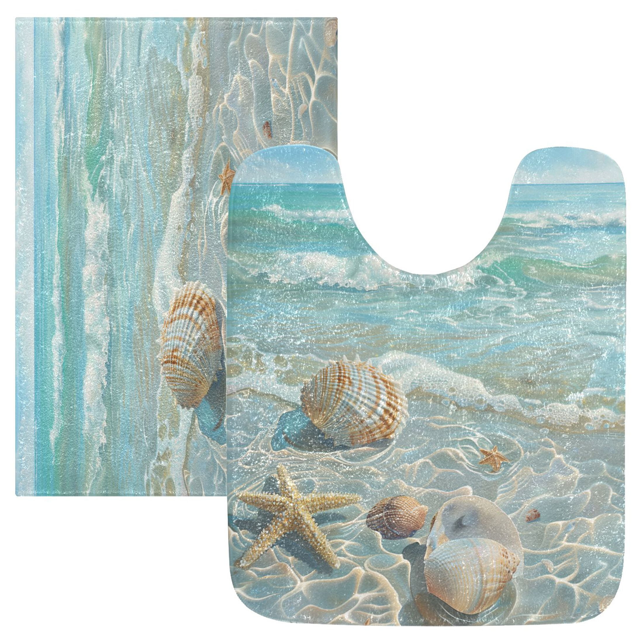 Toilet Rug Set Non-Slip Bathroom Rugs Soft Plush Machine Washable Contour Bath Mat Seashells Sea Stars Beach 24x20/24x16