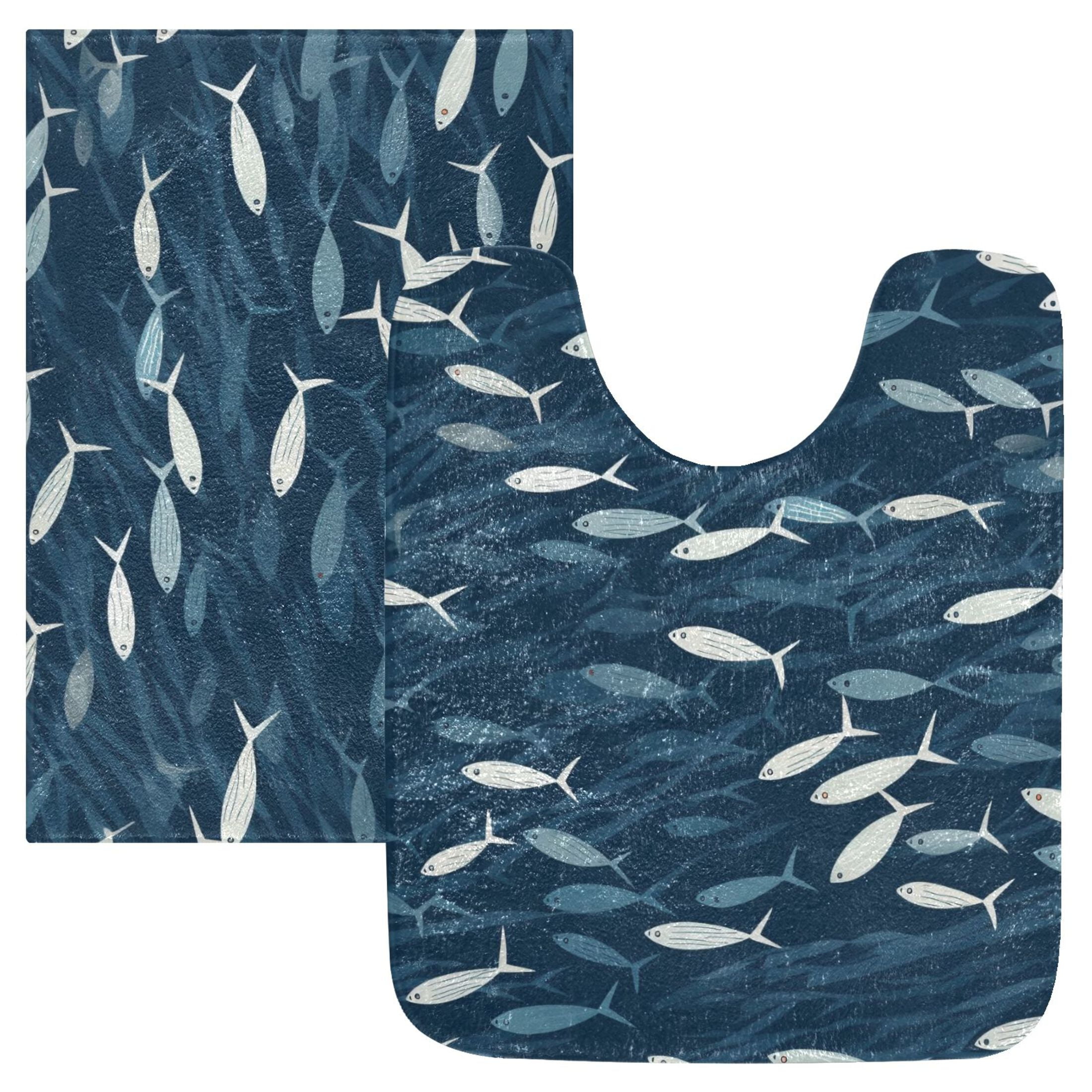 Toilet Rug Set Non-Slip Bathroom Rugs Soft Plush Machine Washable Contour Bath Mat Small Fish Swimming 24x20/24x16