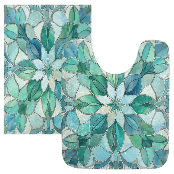 Toilet Rug Set Non-Slip Bathroom Rugs Soft Plush Machine Washable Contour Bath Mat Stained Glass Flower 24x20/24x16