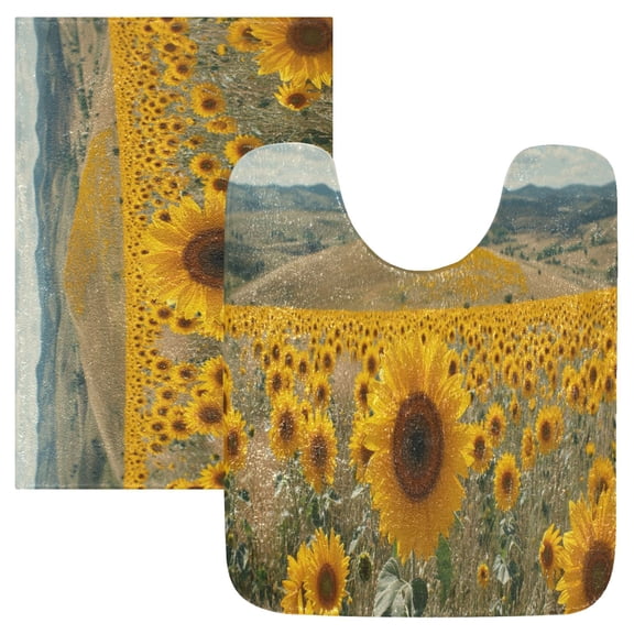 Toilet Rug Set Non-Slip Bathroom Rugs Soft Plush Machine Washable Contour Bath Mat Sunflower Sea 24x20/24x16