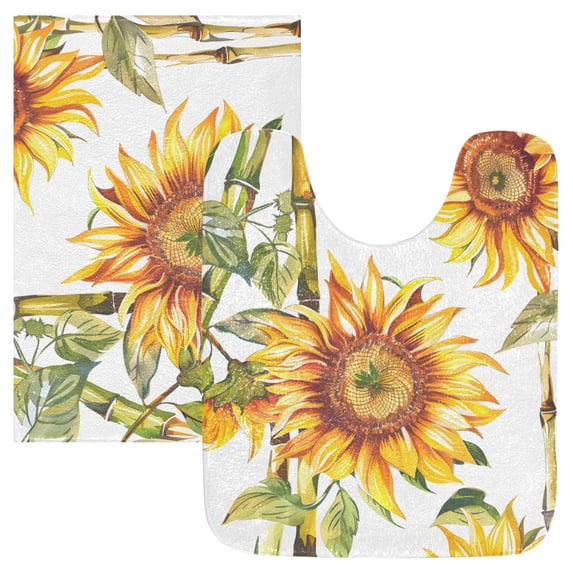 Toilet Rug Set Non-Slip Bathroom Rugs Soft Plush Machine Washable Contour Bath Mat Sunflower and Bamboo 24x20/24x16