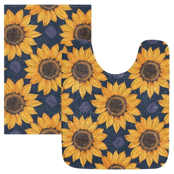 Toilet Rug Set Non-Slip Bathroom Rugs Soft Plush Machine Washable Contour Bath Mat Sunflowers and Small Leaf 24x20/24x16