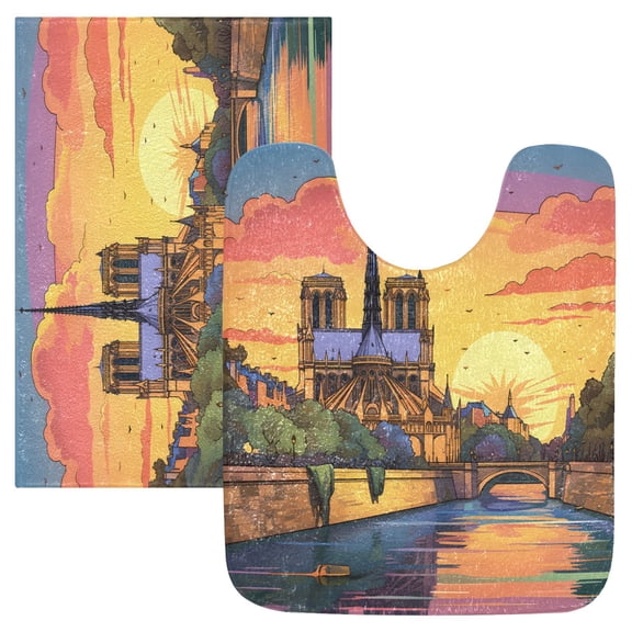 Toilet Rug Set Non-Slip Bathroom Rugs Soft Plush Machine Washable Contour Bath Mat Tower River Sunset 24x20/24x16