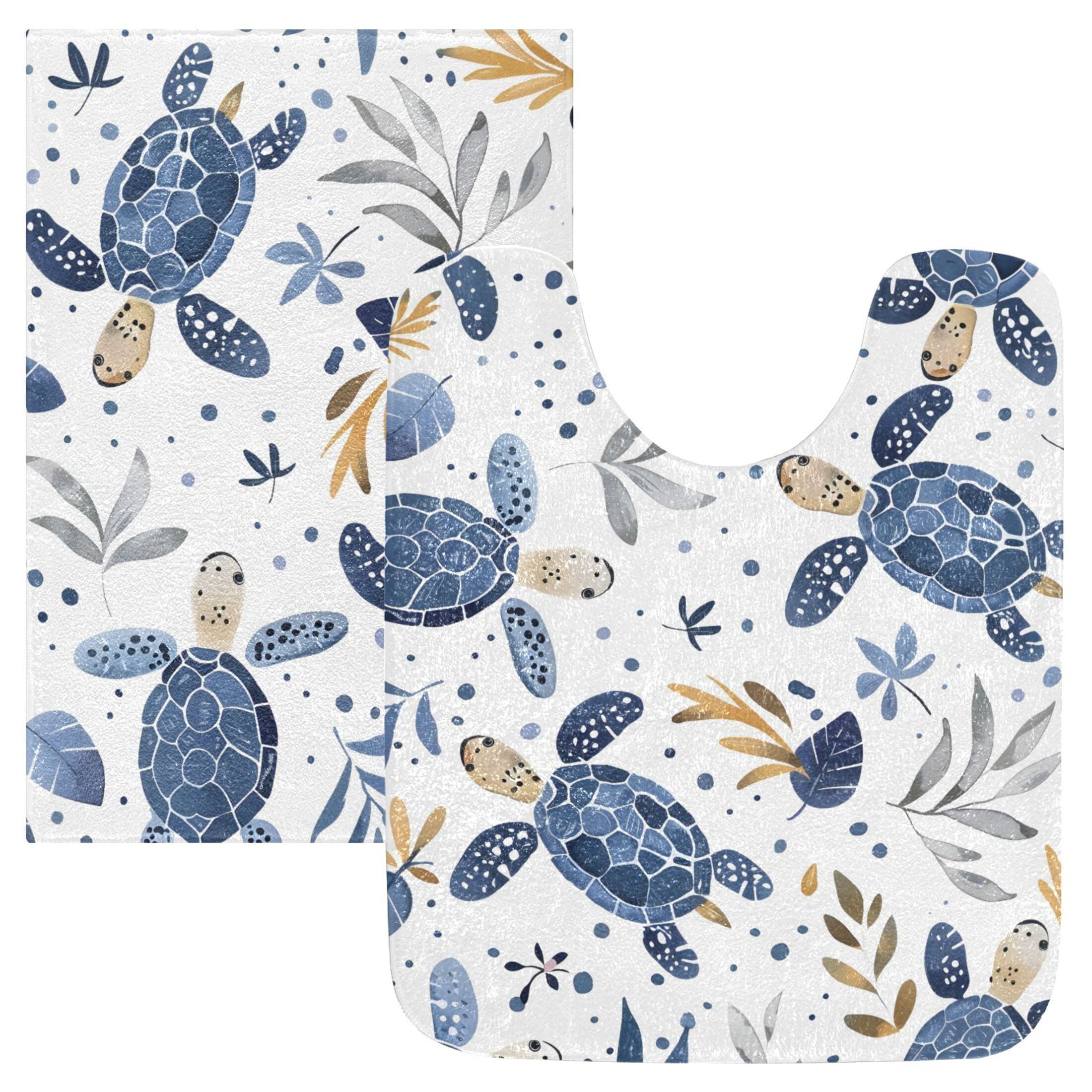 Toilet Rug Set Non-Slip Bathroom Rugs Soft Plush Machine Washable Contour Bath Mat Turtle with Seaweed 24x20/24x16