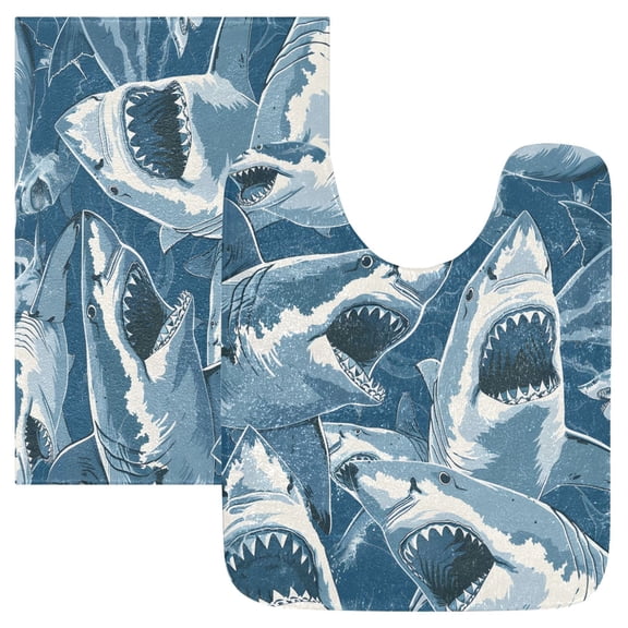 Toilet Rug Set Non-Slip Bathroom Rugs Soft Plush Machine Washable Contour Bath Mat Vivid Fierce Sharks 24x20/24x16
