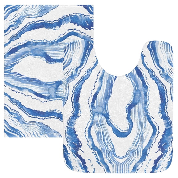 Toilet Rug Set Non-Slip Bathroom Rugs Soft Plush Machine Washable Contour Bath Mat Watercolor Blue Stripes 24x20/24x16