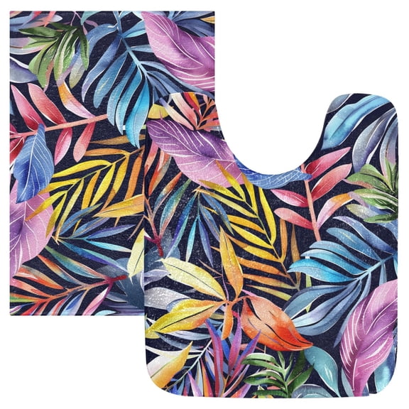 Toilet Rug Set Non-Slip Bathroom Rugs Soft Plush Machine Washable Contour Bath Mat Watercolor Tropical Leaves 24x20/24x16