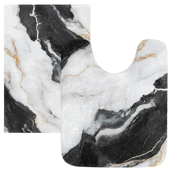 Toilet Rug Set Non-Slip Bathroom Rugs Soft Plush Machine Washable Contour Bath Mat White Black Marble Texture 24x20/24x16