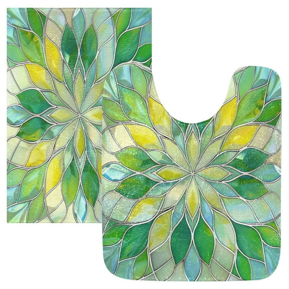 Toilet Rug Set Non-Slip Bathroom Rugs Soft Plush Machine Washable Contour Bath Mat Yellow Green Floral Stained Glass 24x20/24x16